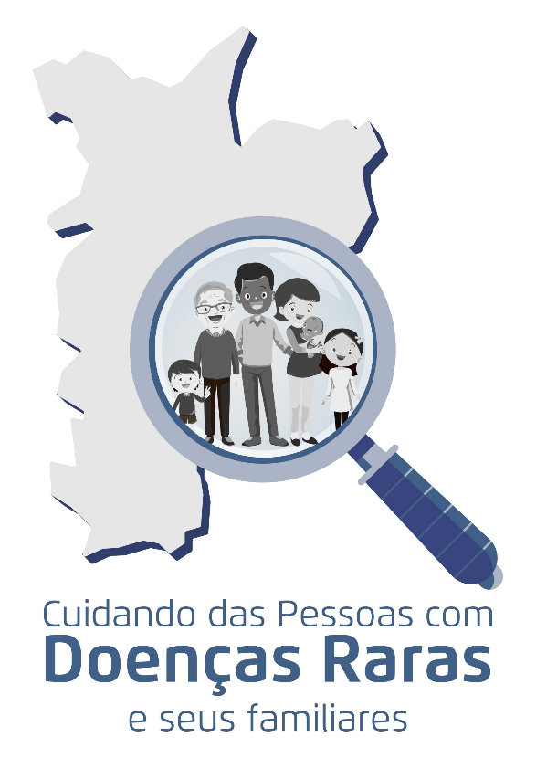O botão tem a cidade de São Paulo e uma lupa com uma família. Na parte de baixo a escrita Cuidando das Pessoas com Doenças Raras e seus familiares.